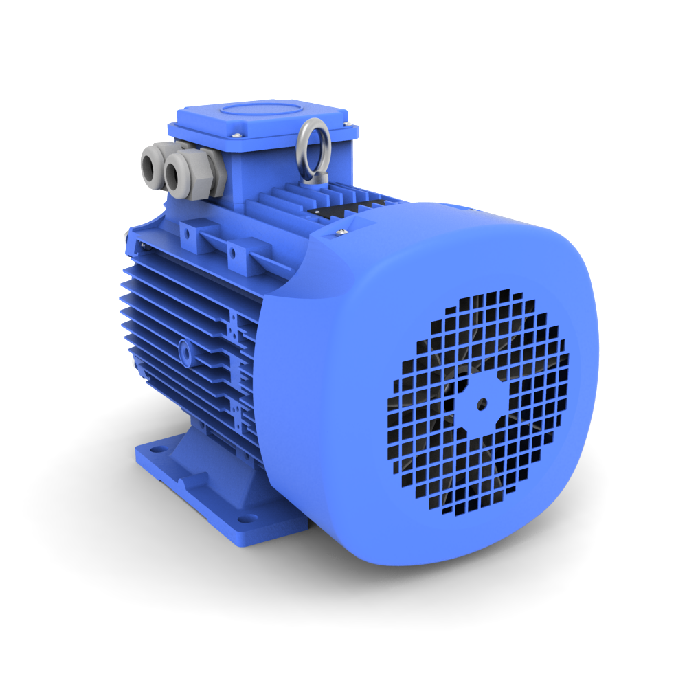 ELSTO Q3E-serie aluminium draaistroommotor IE3 bouwvorm B3 schuin achter aanzicht